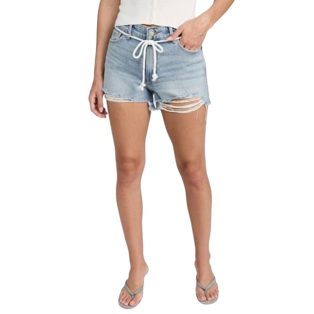 Good American Good Girlfriend Jean Shorts with Drawstring Belt Distressed 16